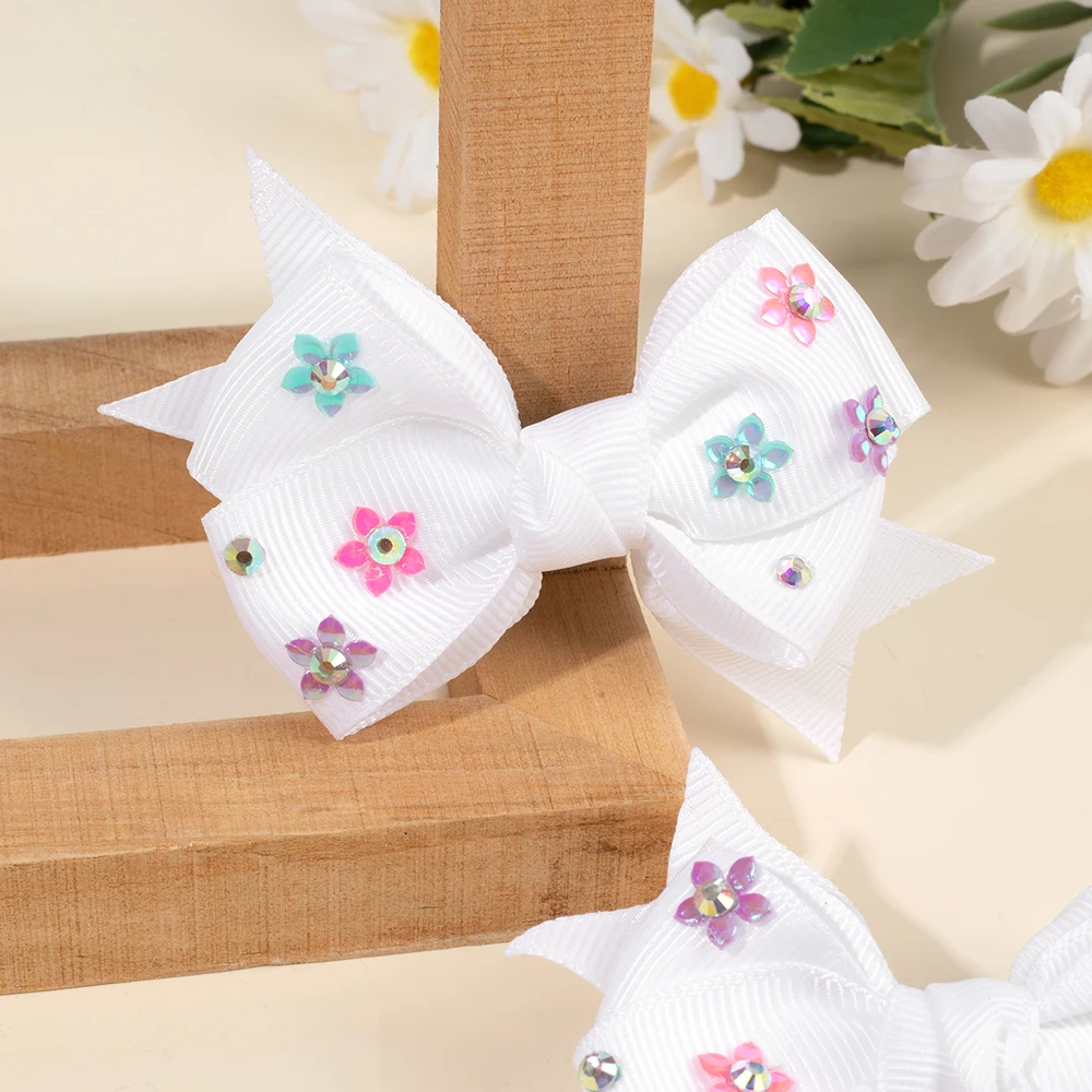 2Pcs Bow Hair Clip Rhinestone Flower Ribbon Solid Color Simple Barrette Baby Girl Kid School Play Party Accessories Hairpin Gift