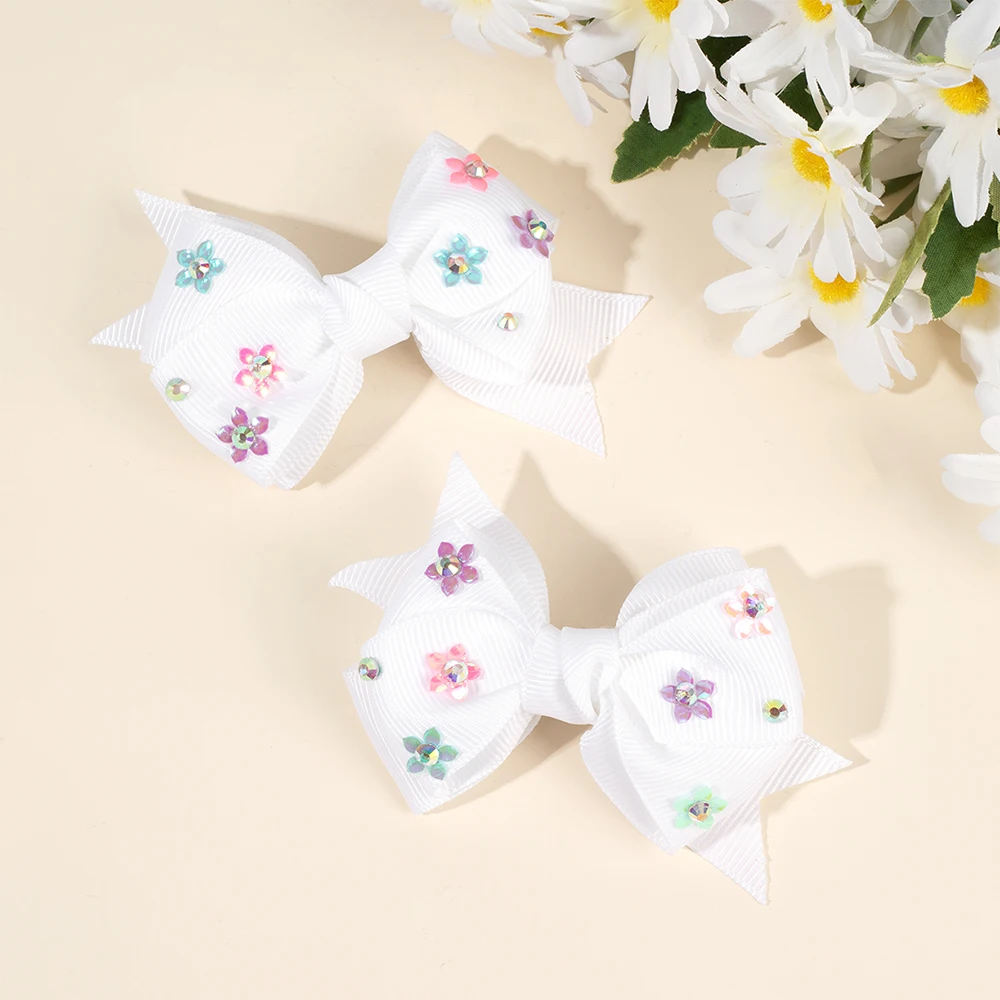 2Pcs Bow Hair Clip Rhinestone Flower Ribbon Solid Color Simple Barrette Baby Girl Kid School Play Party Accessories Hairpin Gift