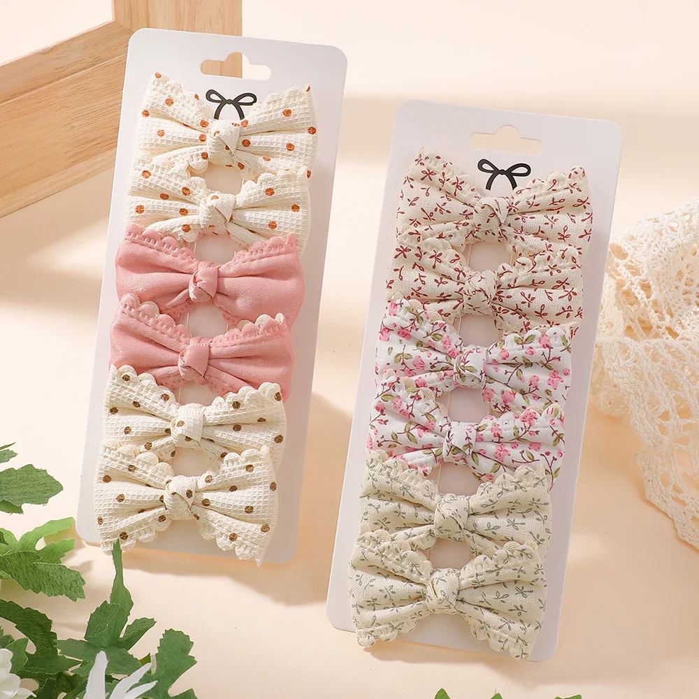 6pcs/set Lovely Floral Print Hair Bow Clips for Baby Girls Fresh Pastoral Cotton Hairpin Barrettes Headwear Hair Accessories