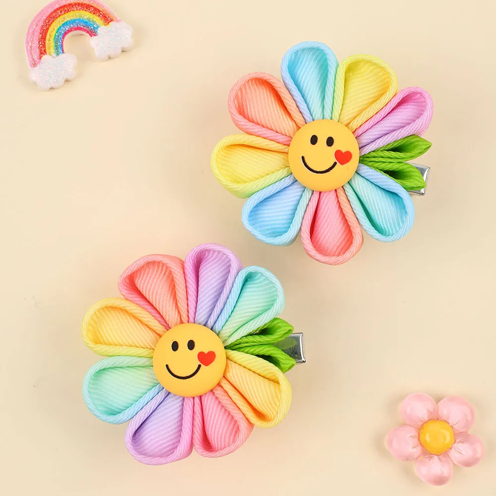 2Pcs Smile Sun Flower Hair Clips Sweet Cute Love Sunflower Baby Girls Hairpins Hair Brooches Accessories For Kids Girl Headwear