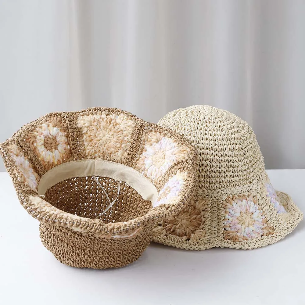 NEW Women Sun Hat LACE FLOWER Wide Large Brim Beach Hats Womens Summer Straw Hat Foldable Chapeau Femme Beach UV Protection Cap