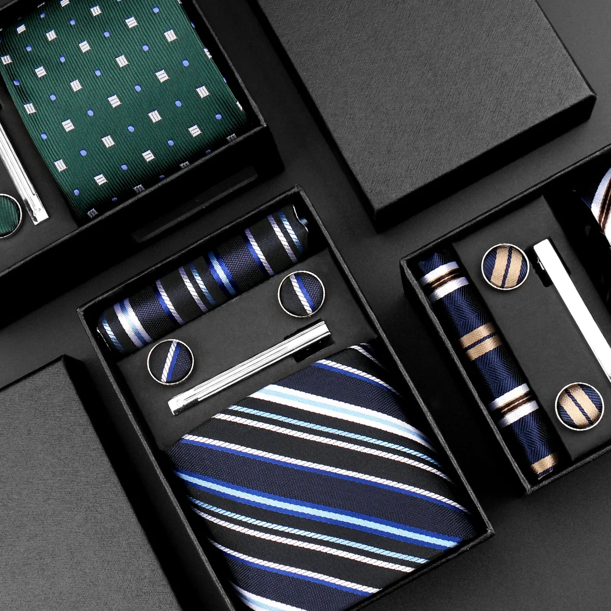 Luxury Brand 8cm Tie For Men Handkerchief Cufflink Clip Set Men Wedding Gravata Suit Accessories Business Necktie Box Gift