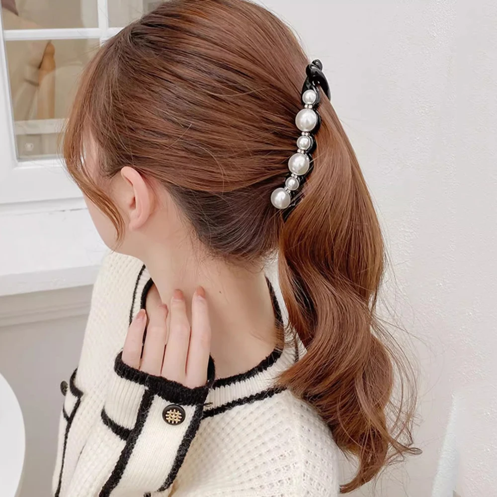 Fashion Rhinestones Pearl Hairpin Barrettes Classic Banana Clips For Ponytail Holder Women Girls Daily Headwear