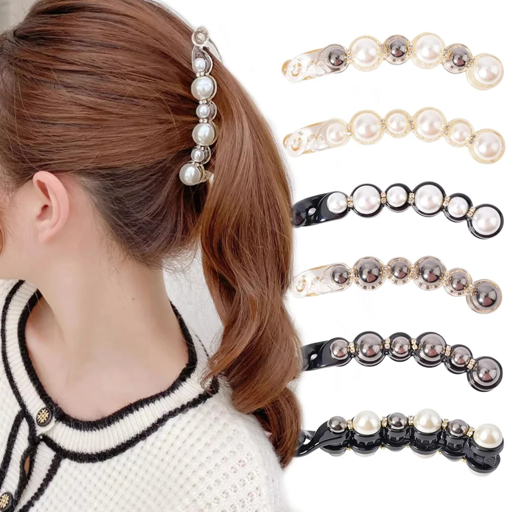 Fashion Rhinestones Pearl Hairpin Barrettes Classic Banana Clips For Ponytail Holder Women Girls Daily Headwear