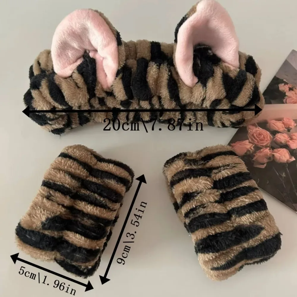 3pcs/set Cute Cat Ear Leopard Print Headband For Women Girls Spa Washing Face and Makeup Headband Elastic Wrist Strap