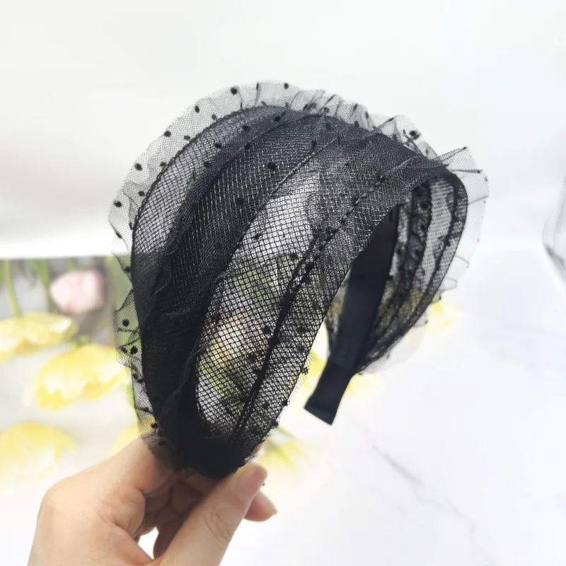 2025 New Luxury Pearl Hairband Women Elegant Mesh Wide Headband with Dots Fashion Hair Accessories Polka Dot Set  Hair Band