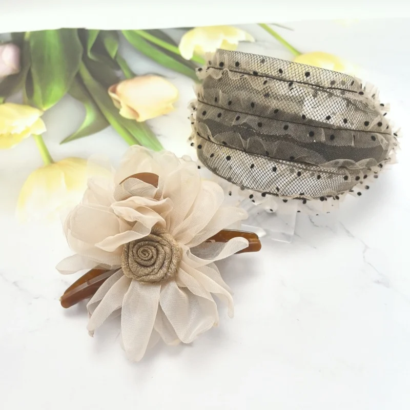 2025 New Luxury Pearl Hairband Women Elegant Mesh Wide Headband with Dots Fashion Hair Accessories Polka Dot Set  Hair Band