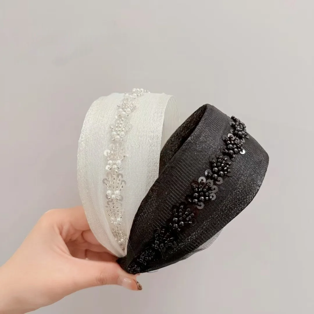 2025 New Luxury Pearl Hairband Women Elegant Mesh Wide Headband with Dots Fashion Hair Accessories Polka Dot Set  Hair Band