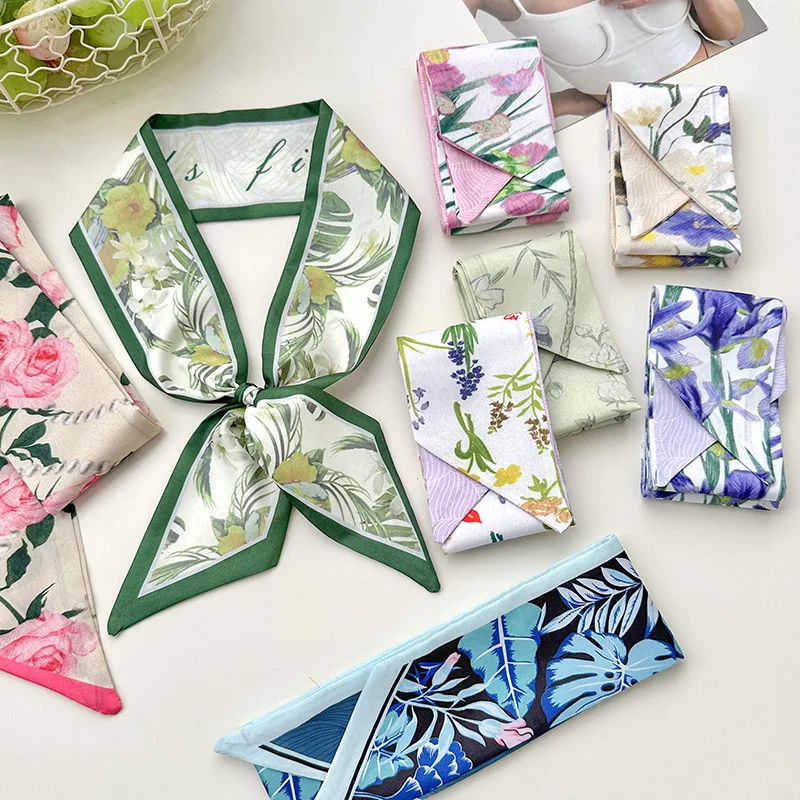 Fashion Floral Print Long Ribbons Hair Scarf for Women Satin Headband Long Silk Scarves Ribbon