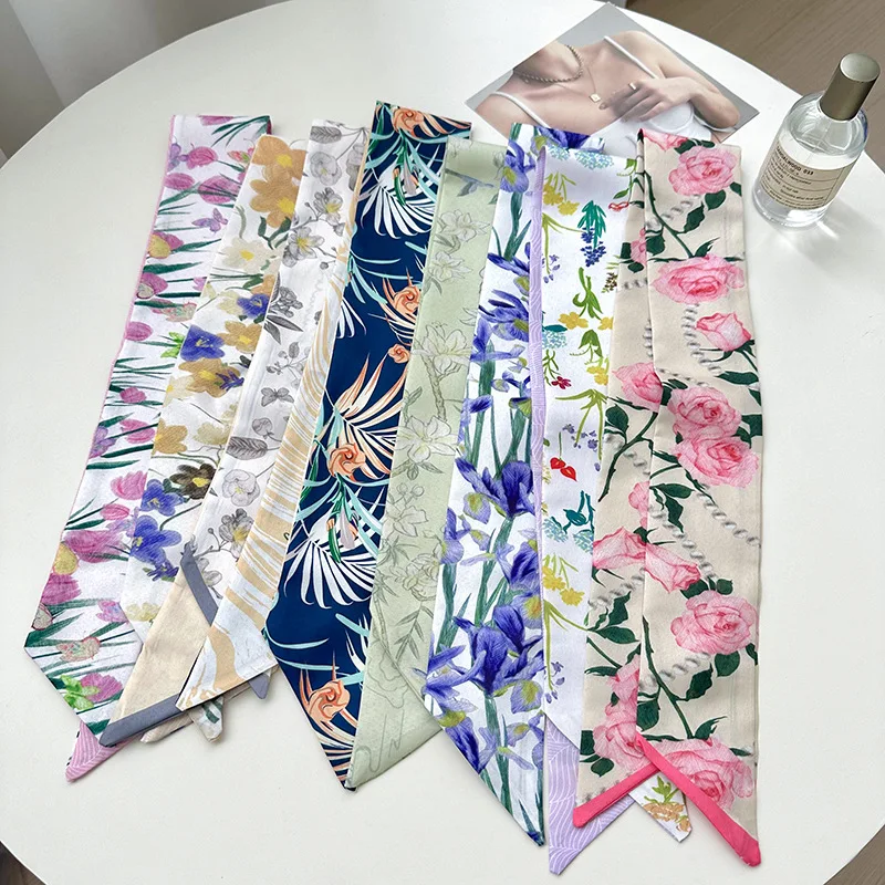Fashion Floral Print Long Ribbons Hair Scarf for Women Satin Headband Long Silk Scarves Ribbon