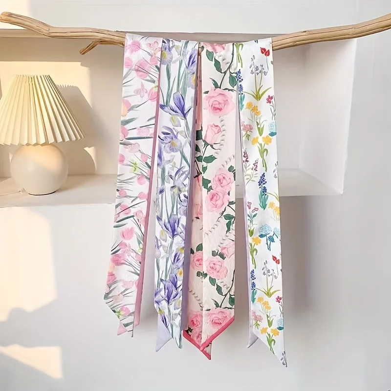 Fashion Floral Print Long Ribbons Hair Scarf for Women Satin Headband Long Silk Scarves Ribbon