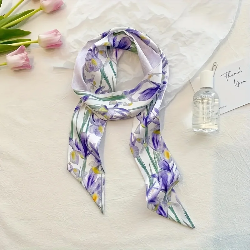 Fashion Floral Print Long Ribbons Hair Scarf for Women Satin Headband Long Silk Scarves Ribbon