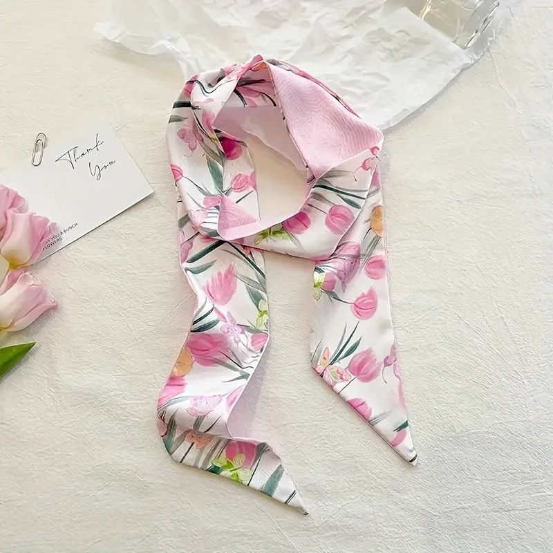 Fashion Floral Print Long Ribbons Hair Scarf for Women Satin Headband Long Silk Scarves Ribbon