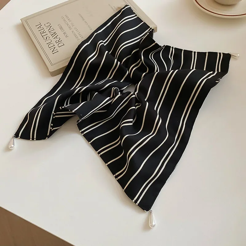 Fabric Striped Square Kerchief Scrunchies for Women Water Drop Imitation Pearl Pendant Ponytail Holders Personality Hair Bands