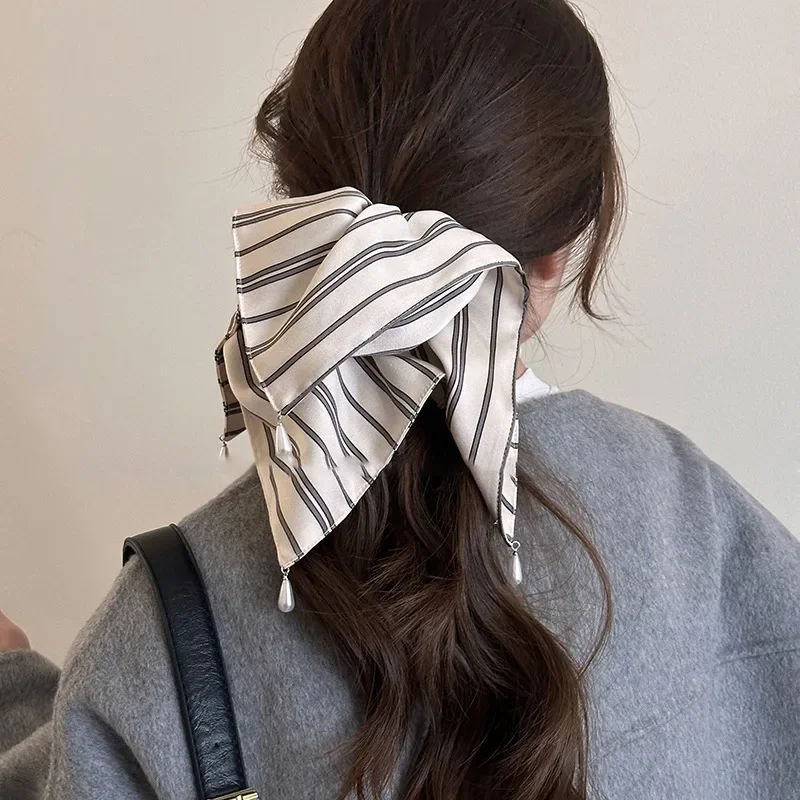 Fabric Striped Square Kerchief Scrunchies for Women Water Drop Imitation Pearl Pendant Ponytail Holders Personality Hair Bands