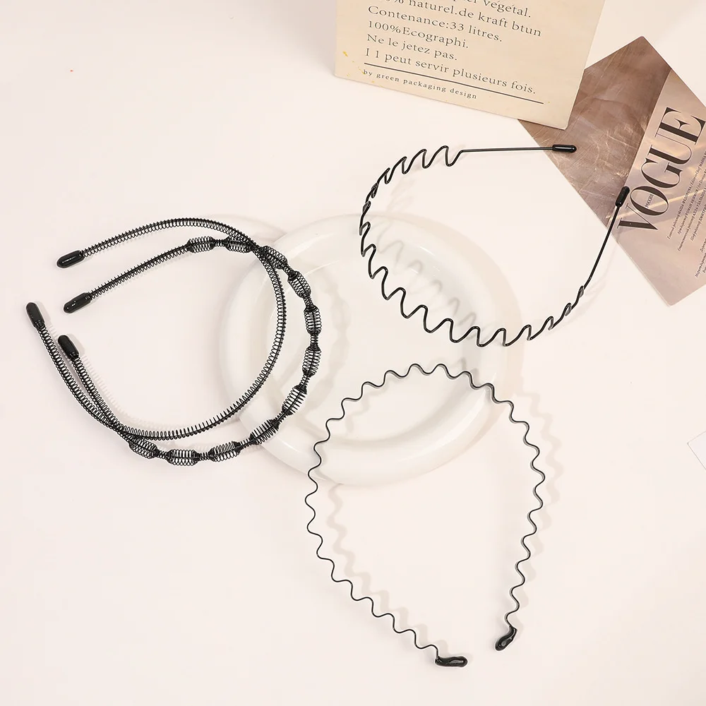 Unisex Metal Wavy Spring Hair Hoop Black Non Slip Outdoor Sports Headbands For Women Men Hair Accessories Face Washing Hairband