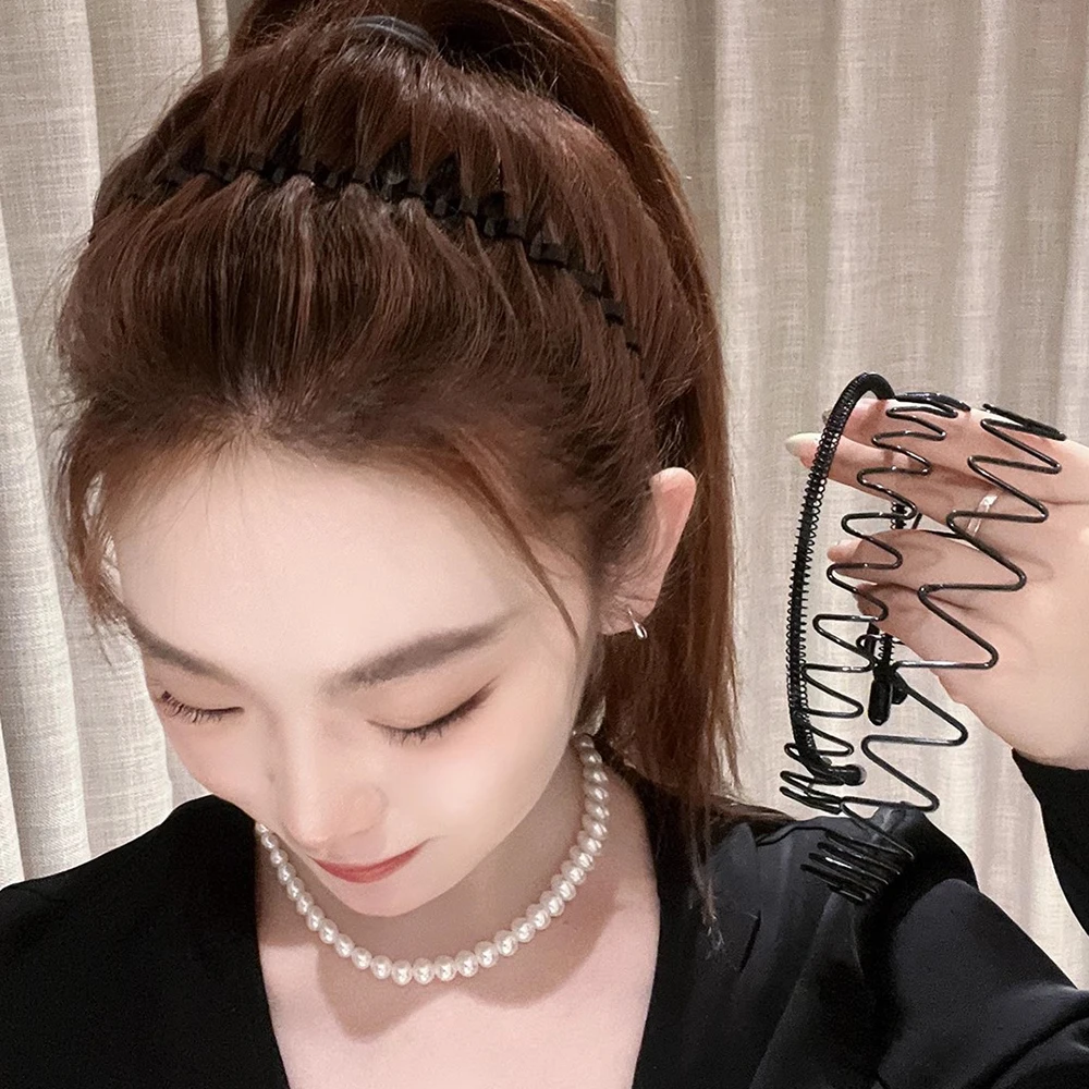 Unisex Metal Wavy Spring Hair Hoop Black Non Slip Outdoor Sports Headbands For Women Men Hair Accessories Face Washing Hairband