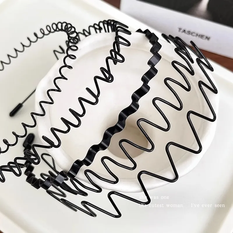 Unisex Metal Wavy Spring Hair Hoop Black Non Slip Outdoor Sports Headbands For Women Men Hair Accessories Face Washing Hairband
