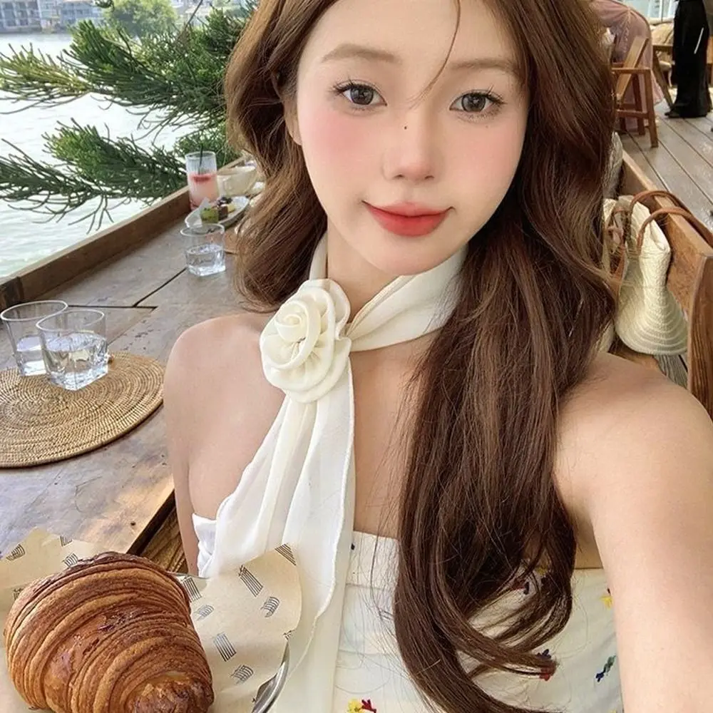 Fashion Luxury Chiffon Scarf Elegant Trendy Floral Scarf Shawl Versatile Detachable Rose Decor Neck Scarf For Women Girls Gifts