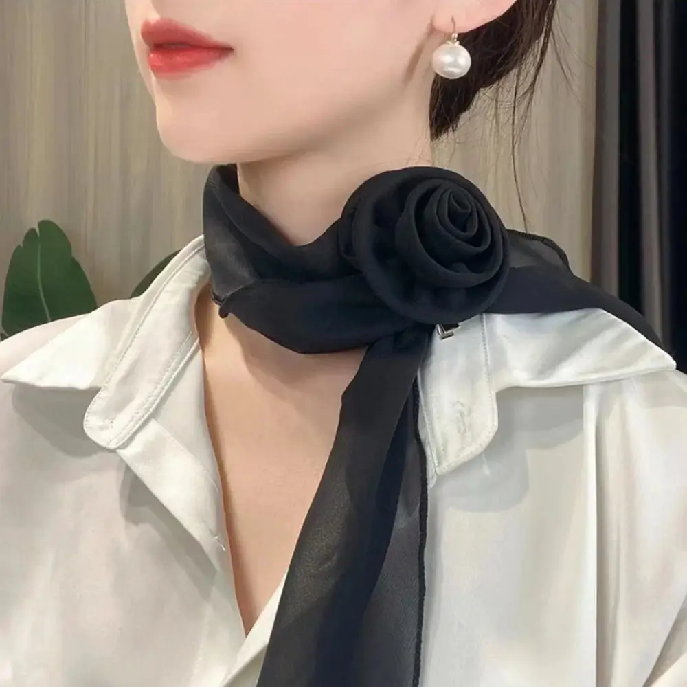 Fashion Luxury Chiffon Scarf Elegant Trendy Floral Scarf Shawl Versatile Detachable Rose Decor Neck Scarf For Women Girls Gifts