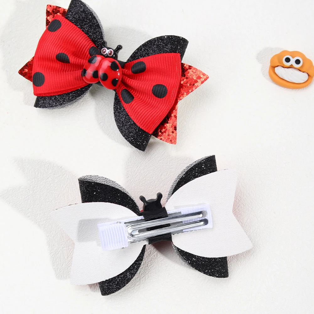 2Pcs Cute Insect Bowknot Hair Clips For Girls Kids Red Novelty Fashion Cotton Dots Braids Headdress Hairpicks Accessories