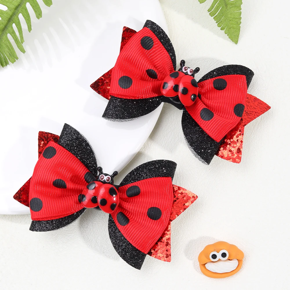 2Pcs Cute Insect Bowknot Hair Clips For Girls Kids Red Novelty Fashion Cotton Dots Braids Headdress Hairpicks Accessories