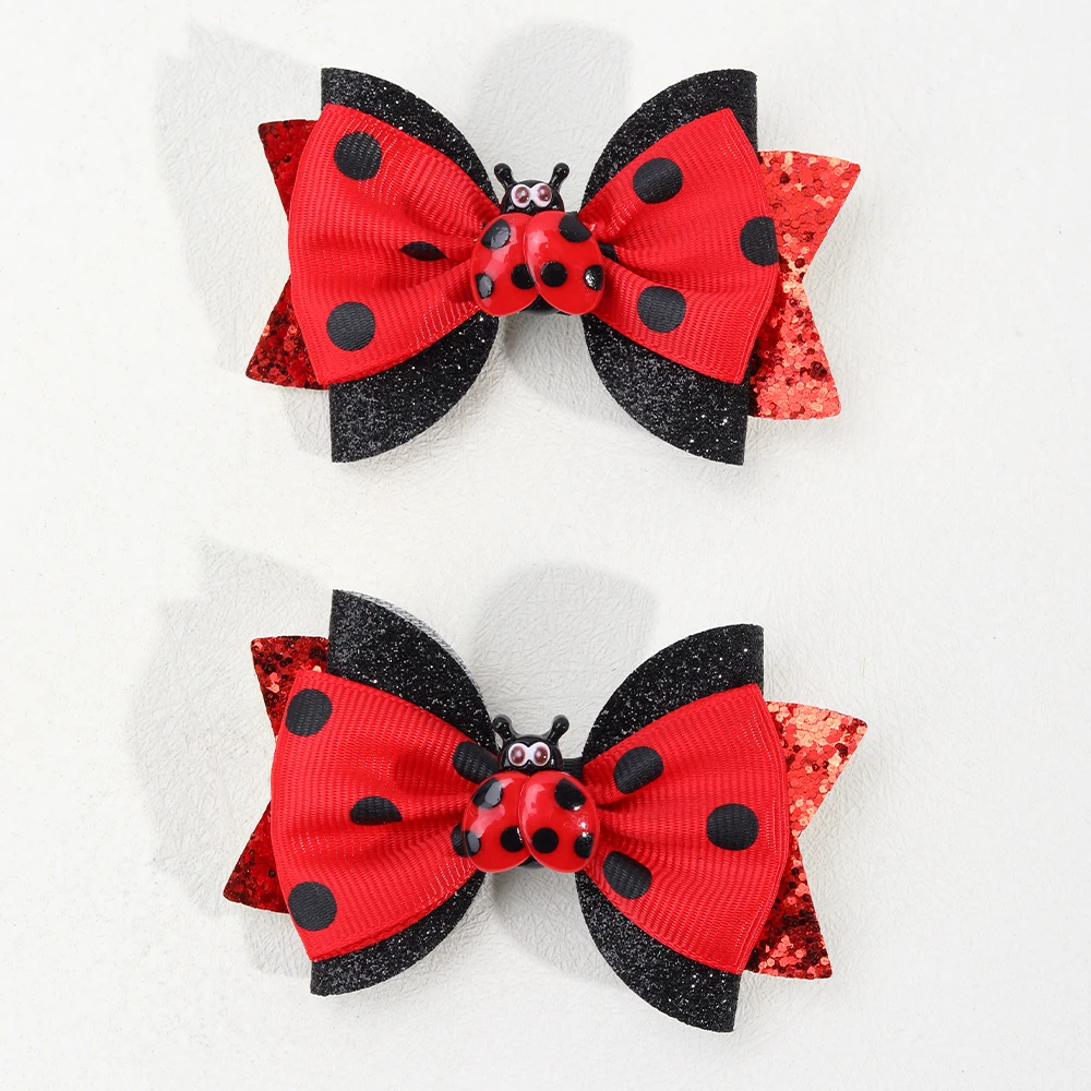 2Pcs Cute Insect Bowknot Hair Clips For Girls Kids Red Novelty Fashion Cotton Dots Braids Headdress Hairpicks Accessories