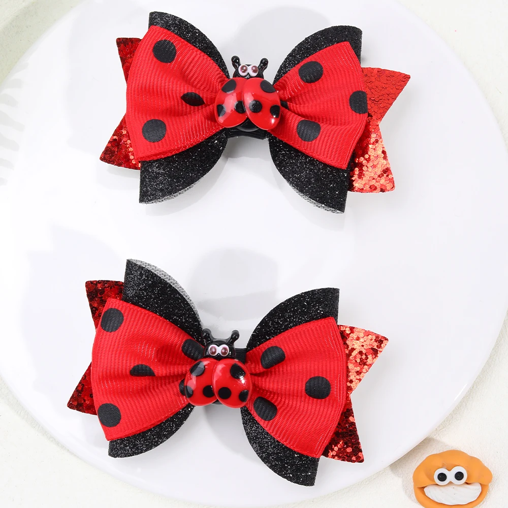 2Pcs Cute Insect Bowknot Hair Clips For Girls Kids Red Novelty Fashion Cotton Dots Braids Headdress Hairpicks Accessories