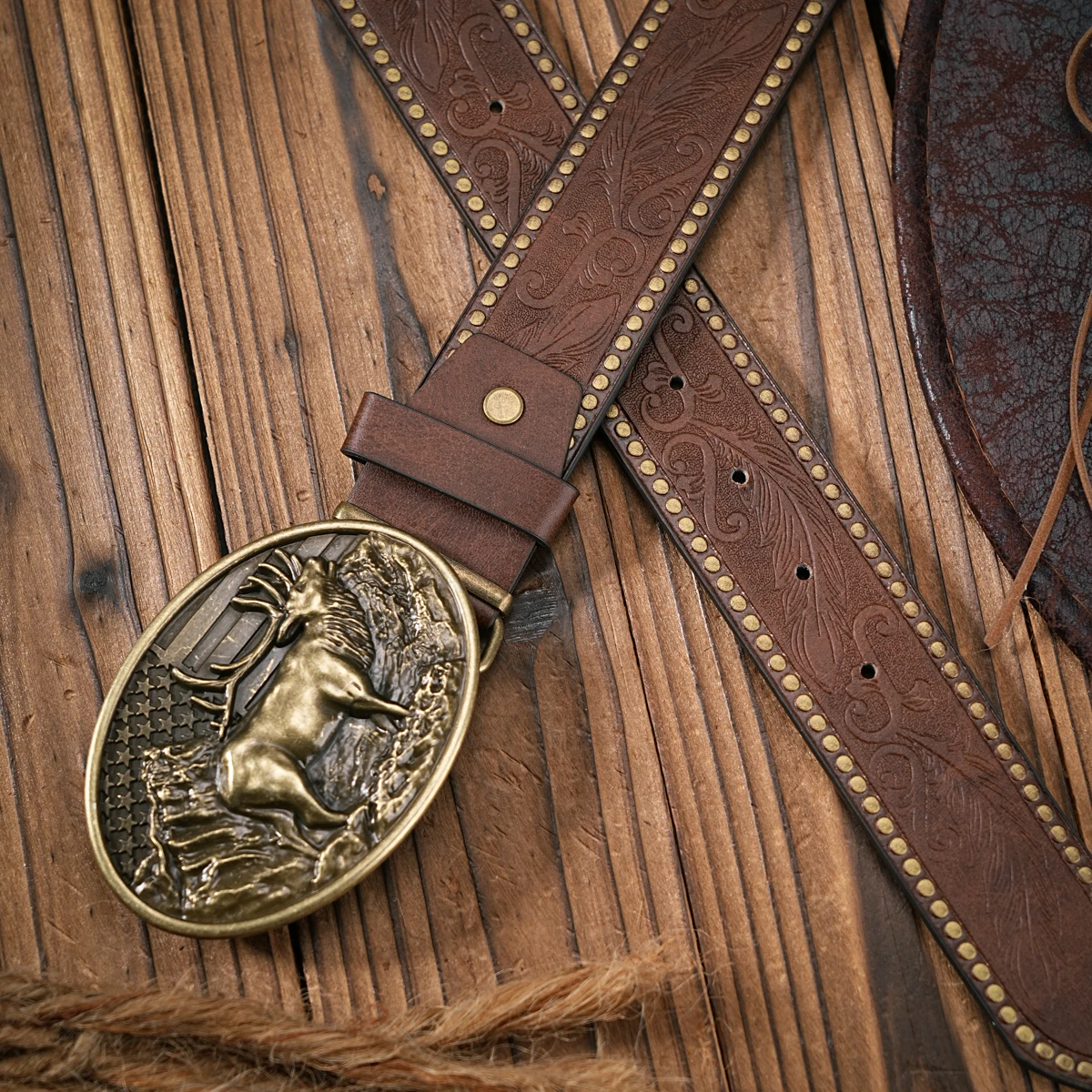 Men - Women - Western Denim - PU Leather - Belt - Vintage Jeans with Carved Buckle Belt