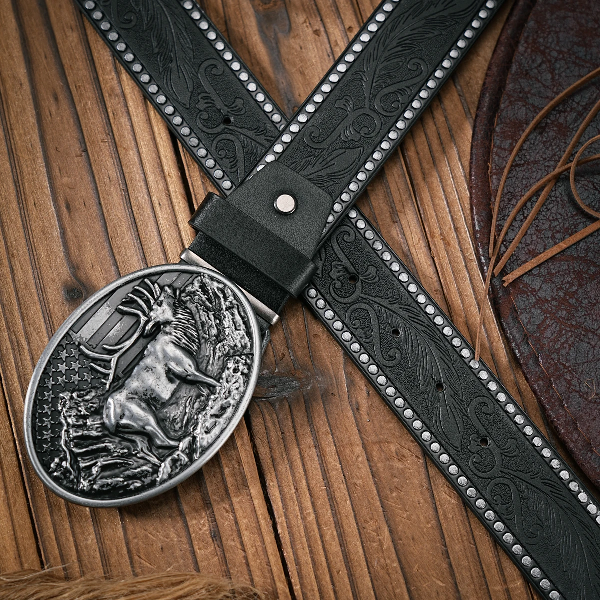 Men - Women - Western Denim - PU Leather - Belt - Vintage Jeans with Carved Buckle Belt