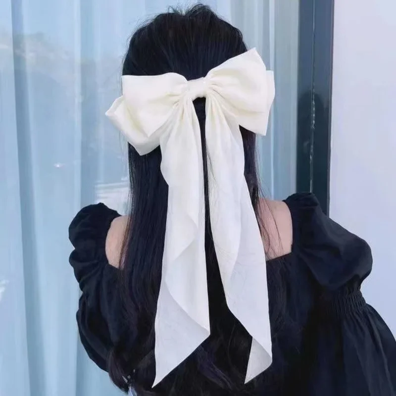 Women Large Bow Hairpin Elegant Long Ribbon Bow Hair Pins Fashion Simple Hair Clip Back Head Clips Half Tied Hair Accessories