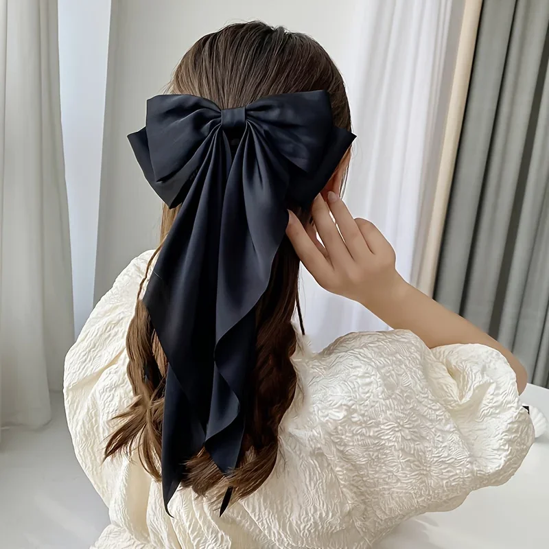 Women Large Bow Hairpin Elegant Long Ribbon Bow Hair Pins Fashion Simple Hair Clip Back Head Clips Half Tied Hair Accessories