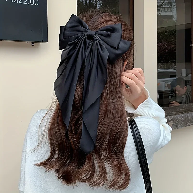 Women Large Bow Hairpin Elegant Long Ribbon Bow Hair Pins Fashion Simple Hair Clip Back Head Clips Half Tied Hair Accessories