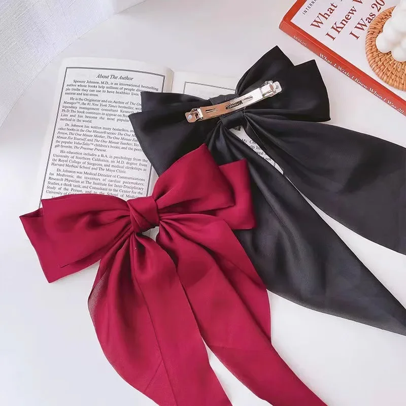 Women Large Bow Hairpin Elegant Long Ribbon Bow Hair Pins Fashion Simple Hair Clip Back Head Clips Half Tied Hair Accessories