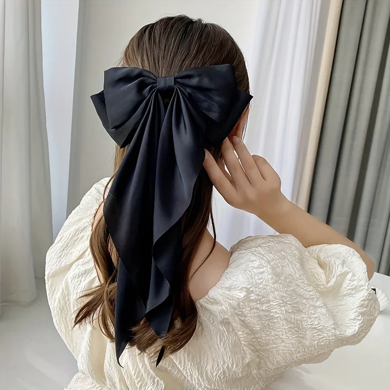 Women Large Bow Hairpin Elegant Long Ribbon Bow Hair Pins Fashion Simple Hair Clip Back Head Clips Half Tied Hair Accessories