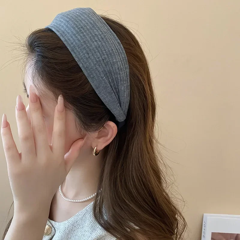Solid Color Wide Edge Striped Yarn Headband High Head French Style Gentle Hair Accessory for Women Popular Internet Celebrity Lo