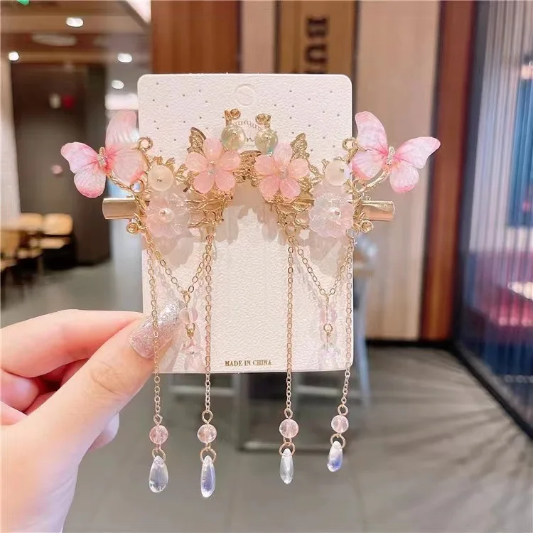 Chinese Style Flower Hair Clips Elegant Exquisite Butterfly Petal Tassel Hairpin For Girls Hanfu Jewelry Hair Accessories 1 Pair