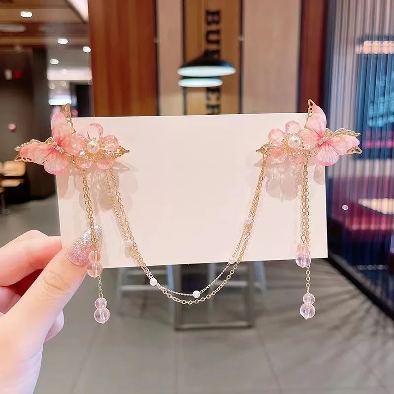Chinese Style Flower Hair Clips Elegant Exquisite Butterfly Petal Tassel Hairpin For Girls Hanfu Jewelry Hair Accessories 1 Pair