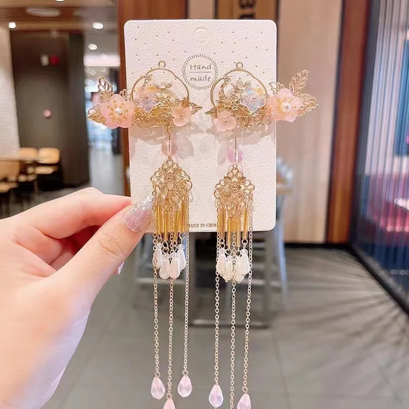 Chinese Style Flower Hair Clips Elegant Exquisite Butterfly Petal Tassel Hairpin For Girls Hanfu Jewelry Hair Accessories 1 Pair