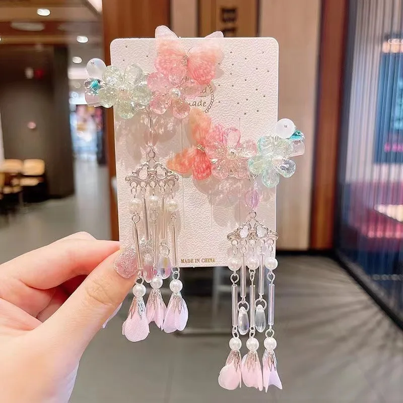 Chinese Style Flower Hair Clips Elegant Exquisite Butterfly Petal Tassel Hairpin For Girls Hanfu Jewelry Hair Accessories 1 Pair