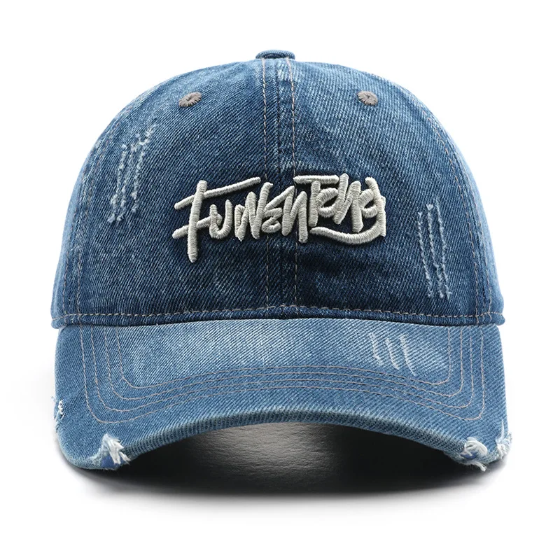 Japanese Retro Washed Denim Letter Embroidered Cap Outdoor Sports Mens Travel Sun Hat Baseball Cap Classic Versatile Comfortable