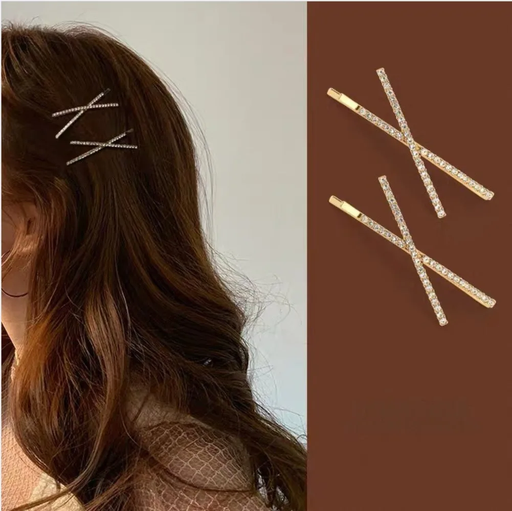 2pcs Cross Crystal Hairpins Rhinestone X Hair Clips Barrettes Simple Side Clip Bridal Headwear Girl Fashion Hair Accessories New