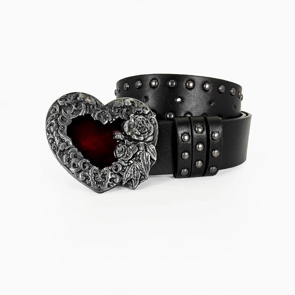 Unisex Jeans Belt Sword Red Heart Gothic Y2k Fashion Belts For Women Designer Luxury Black Rivet Punk Accessory Men's Belt Male