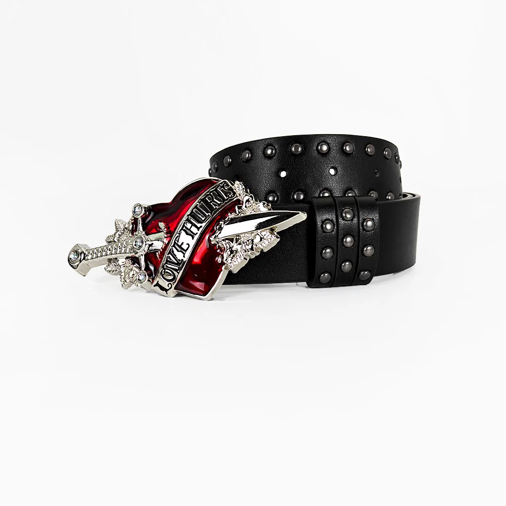 Unisex Jeans Belt Sword Red Heart Gothic Y2k Fashion Belts For Women Designer Luxury Black Rivet Punk Accessory Men's Belt Male