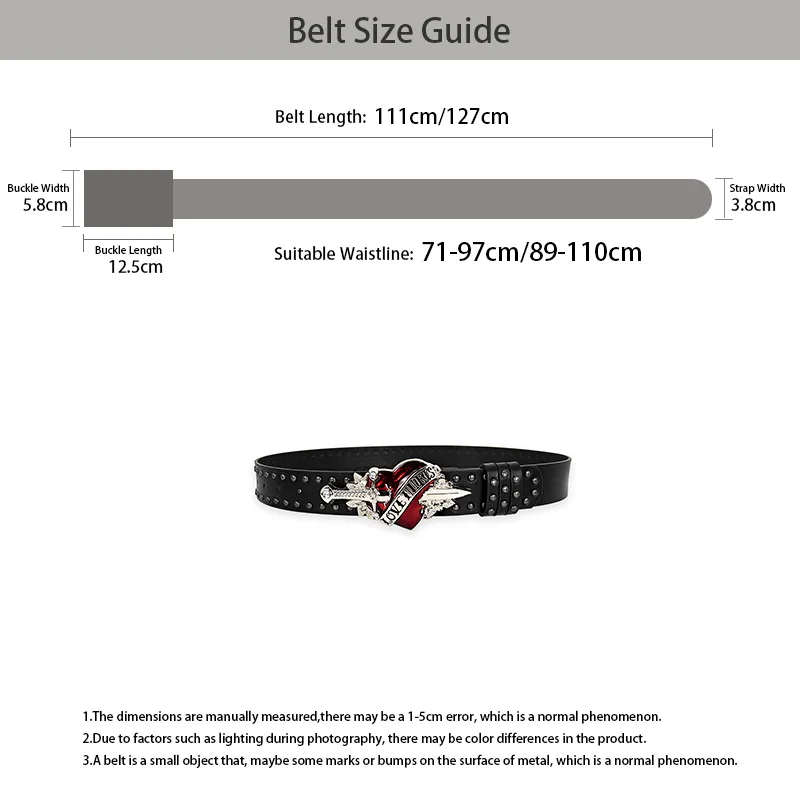 Unisex Jeans Belt Sword Red Heart Gothic Y2k Fashion Belts For Women Designer Luxury Black Rivet Punk Accessory Men's Belt Male