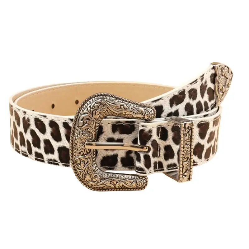 Gothic Retro Women's Belt Fashion Casual Versatile Jeans Accessories Girdle Silver Pin Buckle Leopard Print Pu Leather Waistband
