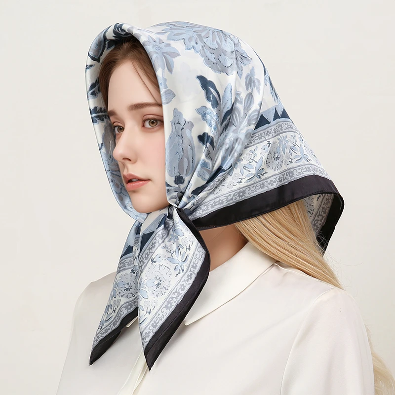 70x70cm Silk Scarf for Women Floral Printed Square Shawl Muslim Hijab Office Ladies Neck Scarf Hair Bandana Gift Muffler Foulard