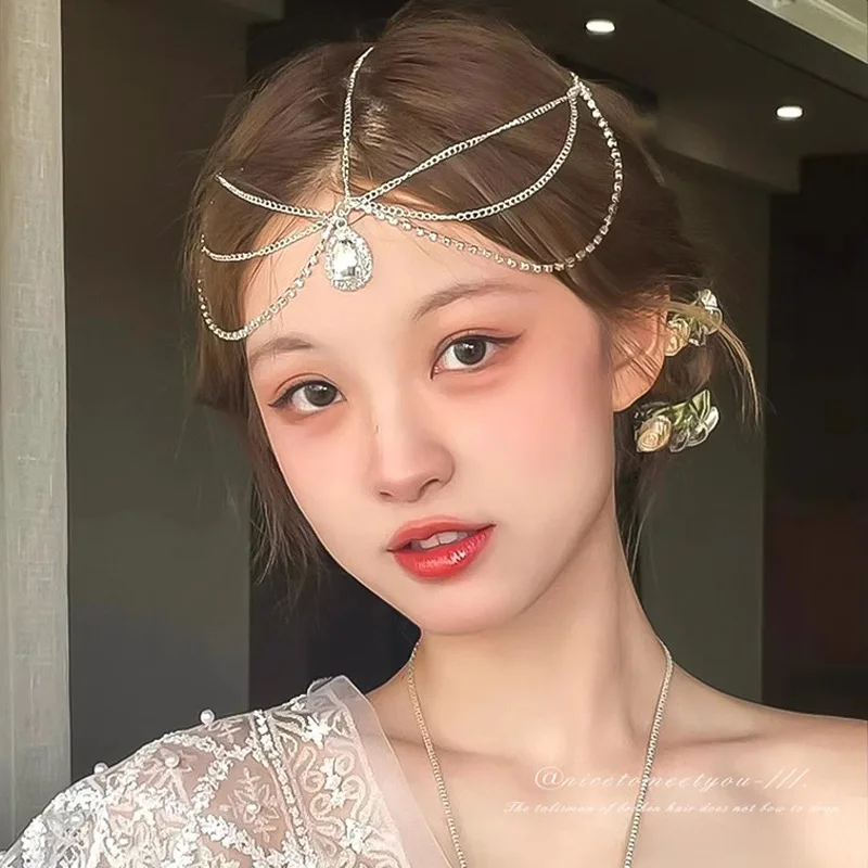 Luxury Jewelry Hair Accessories For Women Waterdrop Flower Tassel Forehead Chain Sexy Red Gemstone Hair Pendant Elegant Hairpin