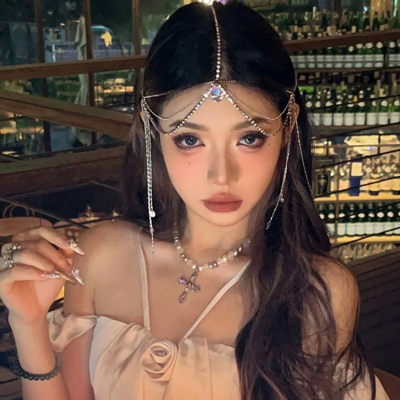 Luxury Jewelry Hair Accessories For Women Waterdrop Flower Tassel Forehead Chain Sexy Red Gemstone Hair Pendant Elegant Hairpin