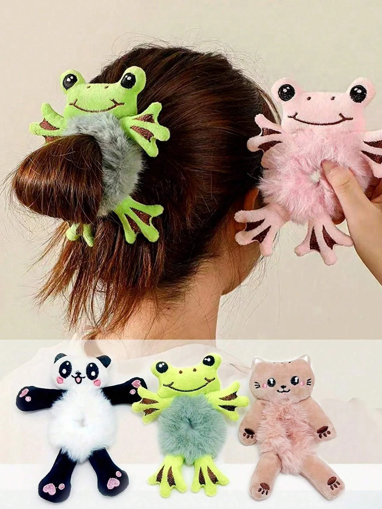 Women's Cute Cartoon Frog&Panda&Yellow Duck Plush Hair Ties, Ponytail & Bun Hairstyle Accessories With Elastic Bands For Women